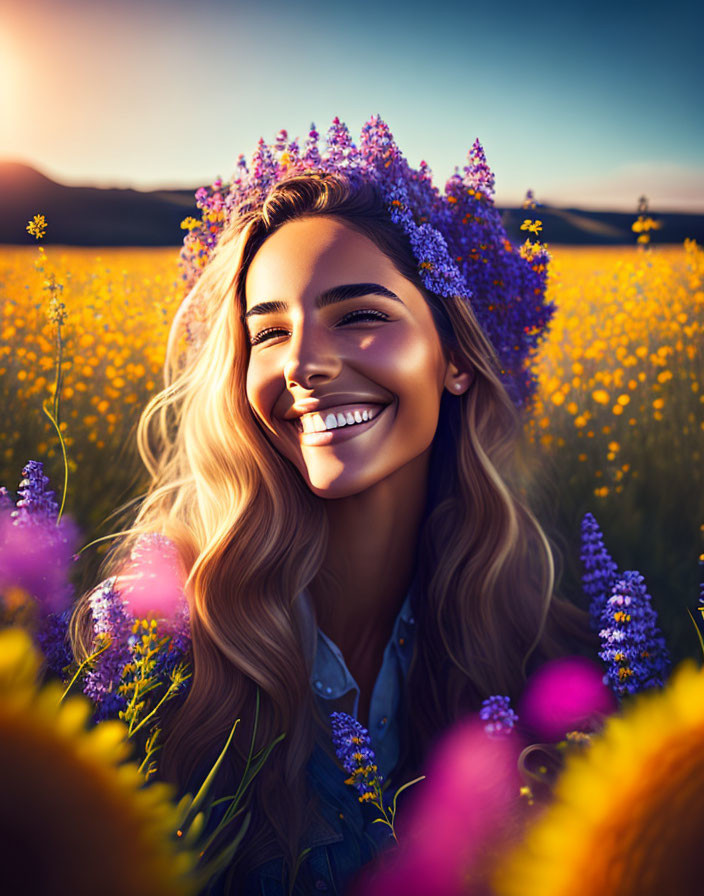 Smiling woman with floral crown in yellow flower field at sunset