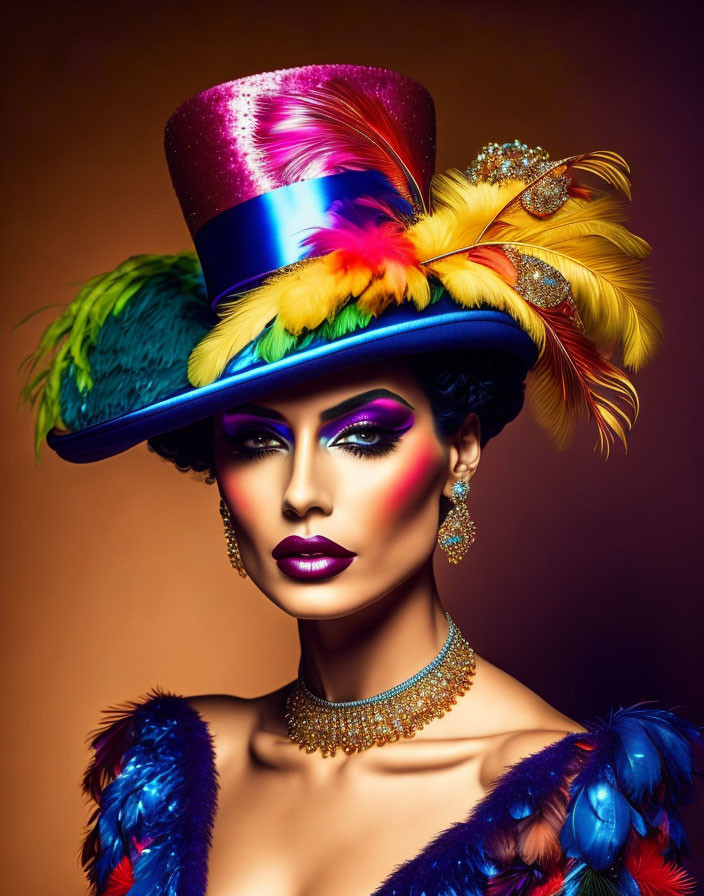 Colorful portrait featuring dramatic makeup and feathered hat and outfit