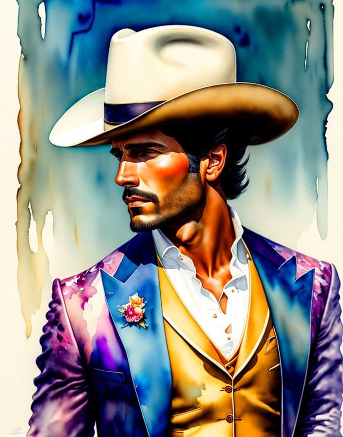 Colorful Suit & Cowboy Hat Portrait of Man with Beard & Mustache