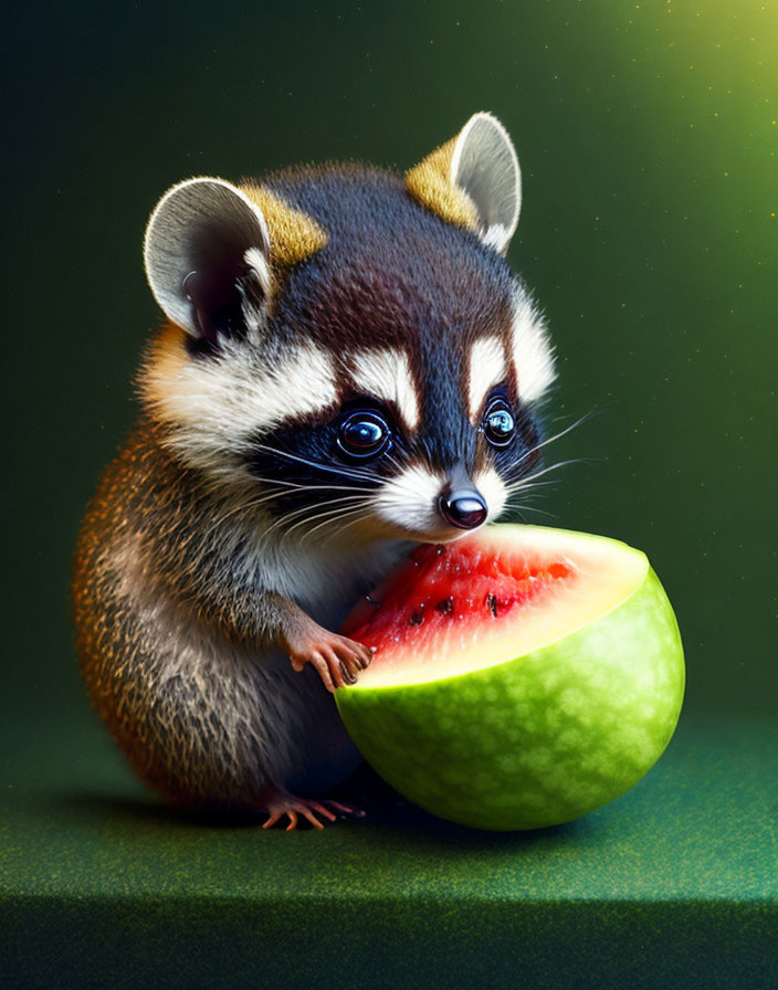 Adorable raccoon enjoying watermelon slice illustration.