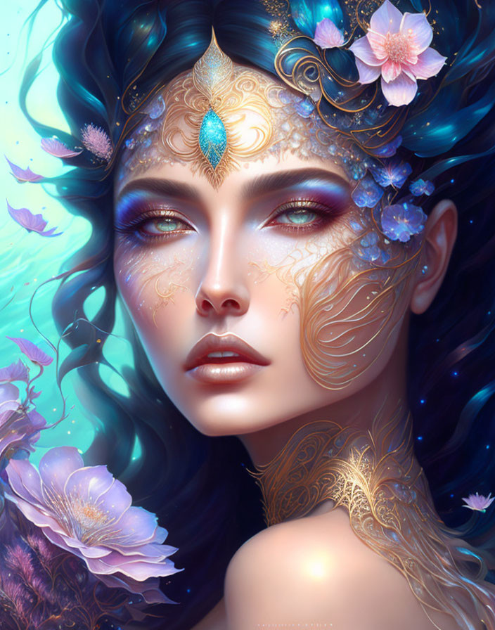 Portrait of woman with blue hair, gold filigree, gem, and blooming flowers