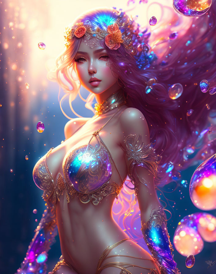 Fantasy illustration: Female figure with purple hair and floral ornaments in mystical setting