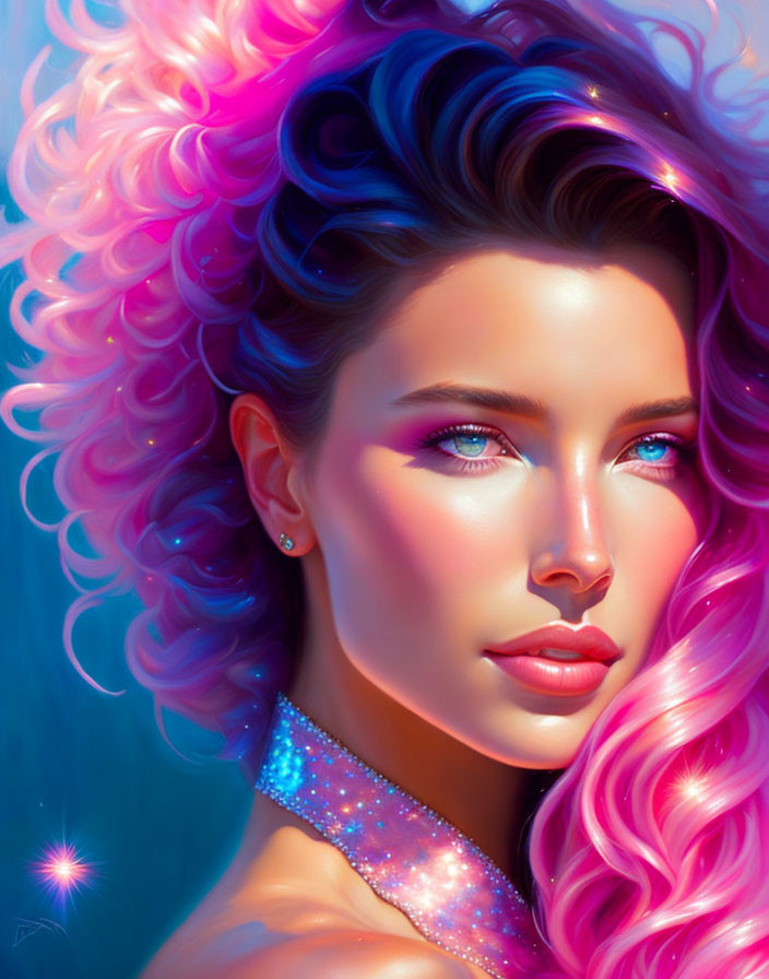 Vivid Digital Portrait of Woman with Blue Eyes and Ombre Hair