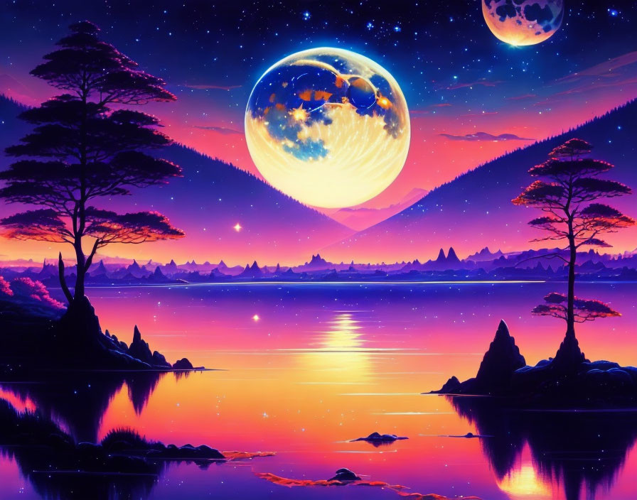 Surreal landscape with oversized moons and purple skies