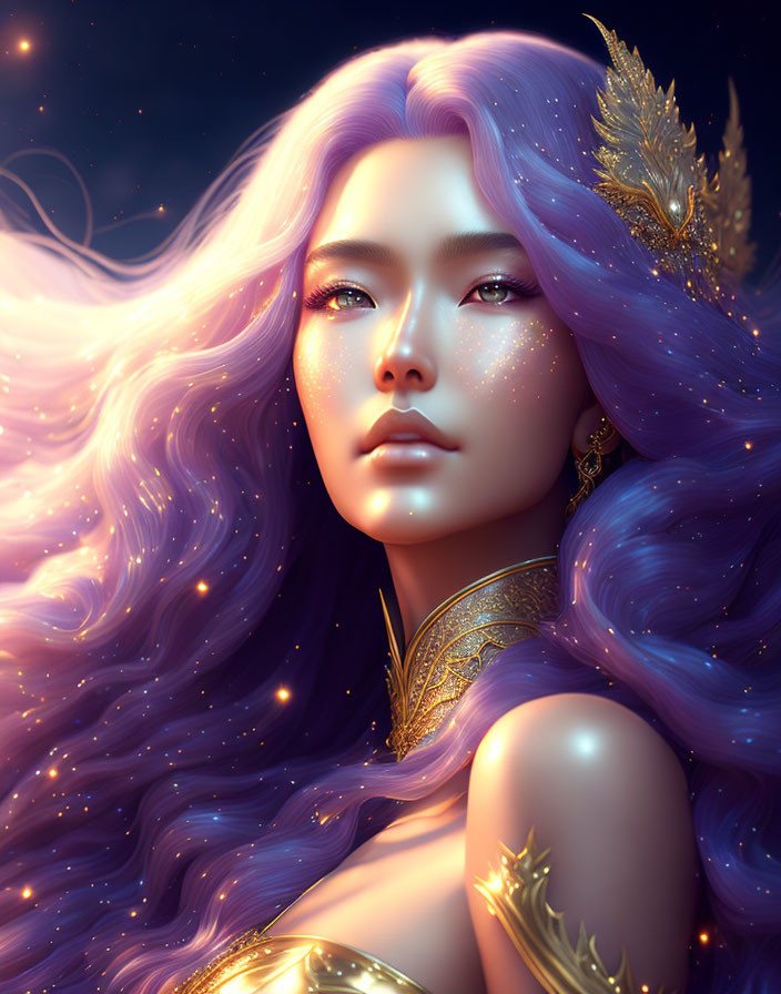 Digital art portrait of woman with purple hair, gold adornments, and star background