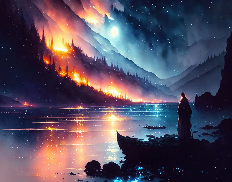 Person admires luminous lake, starry skies, Northern Lights, and distant wildfire at night