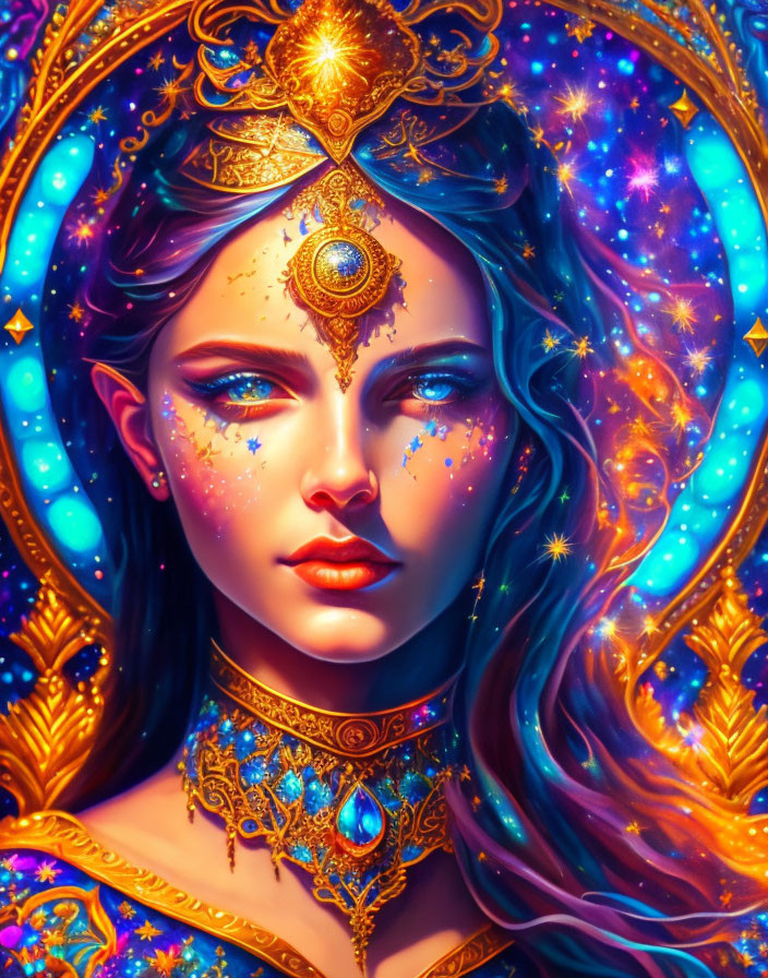 Digital artwork: Woman with celestial theme, golden jewelry, third eye, galaxy aura.