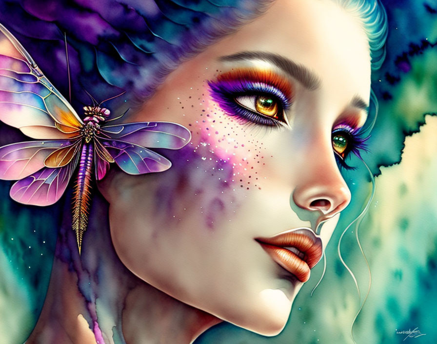 Colorful artwork featuring woman with butterfly-winged eye makeup and dragonfly, blending nature with fantasy