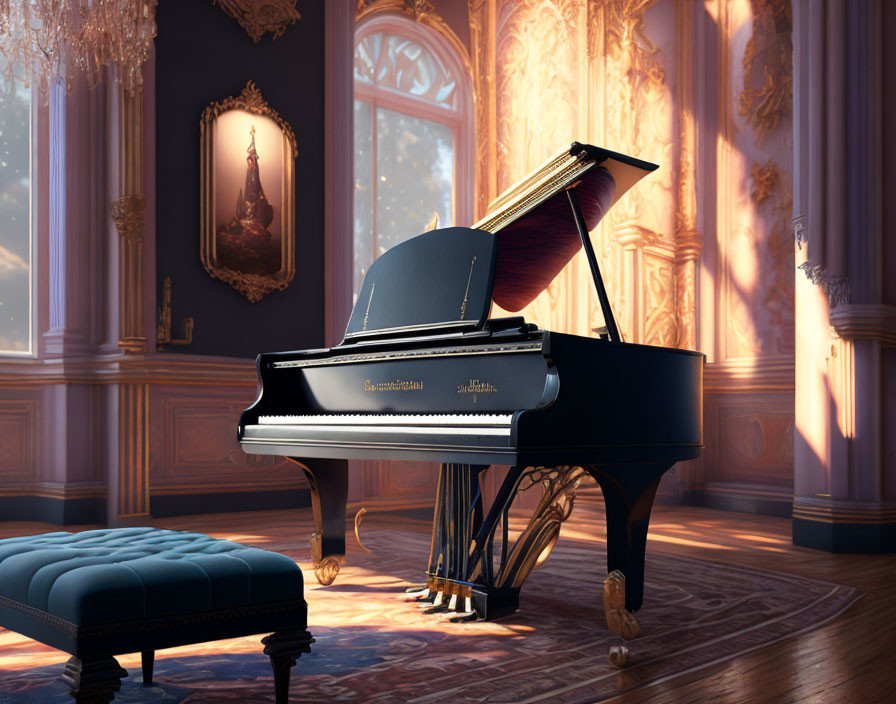 Luxurious Room with Grand Piano and Sunset Glow