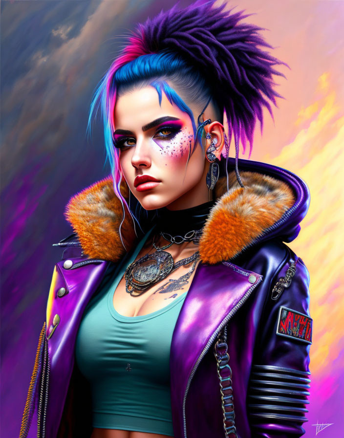 Vibrant digital portrait of woman with blue hair, pink makeup, tattoos, piercings,