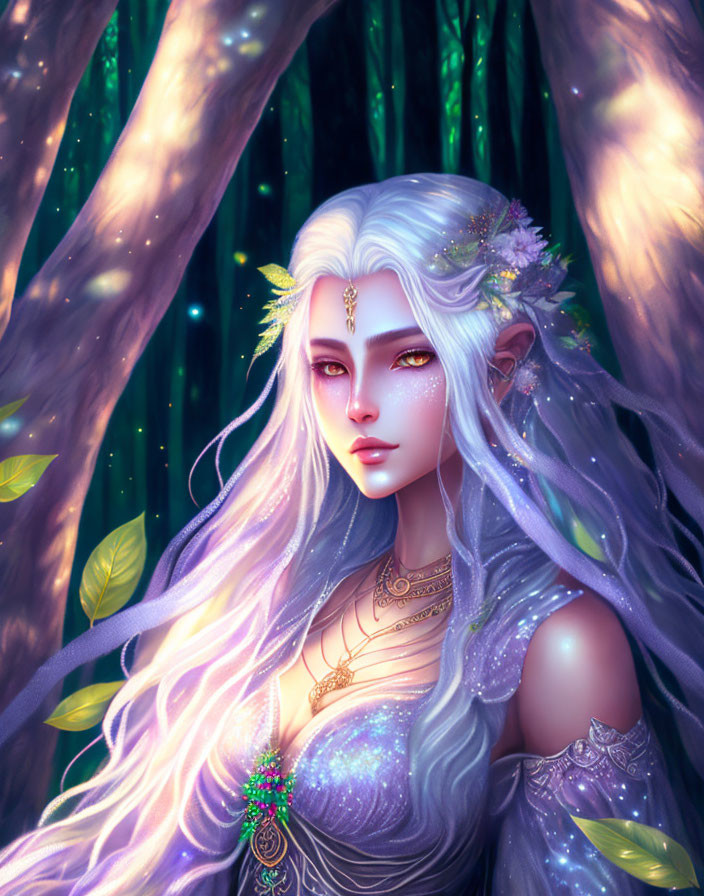 Fantasy elf with long white hair in enchanted forest.