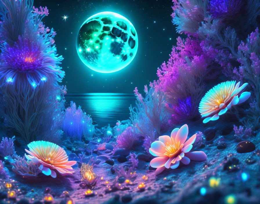 Fantasy seascape at night: glowing flora, large moon, stars, vibrant colors