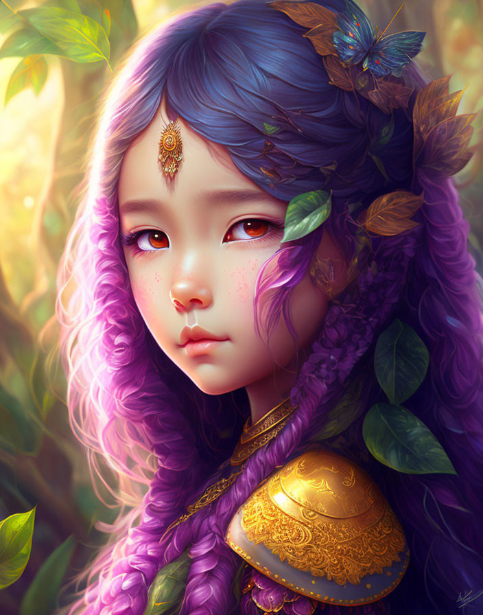 Digital illustration of girl with purple hair, gold and leaf adornments, butterflies, and armored shoulder piece