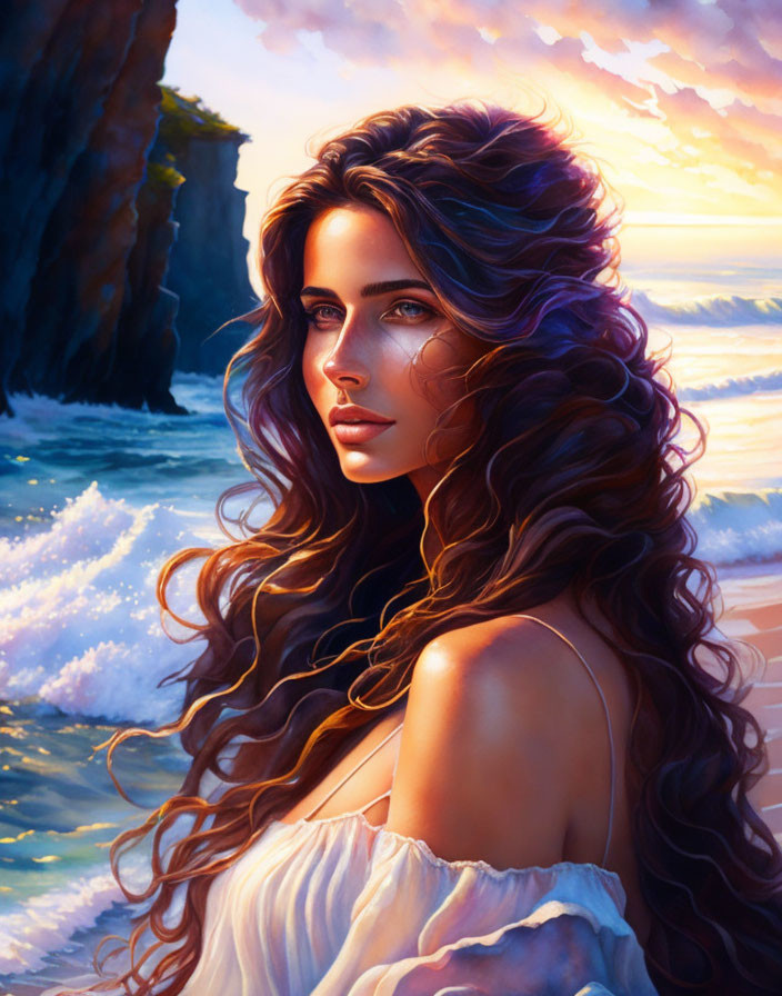 Woman with long wavy hair gazing at sunset over ocean