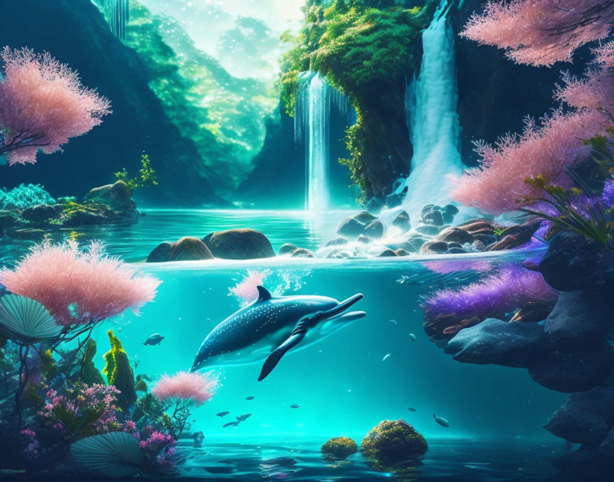 Underwater scene: Dolphin, pink coral, sunlight, waterfall