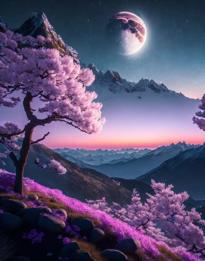 Pink blooming trees, sunset horizon, mountains, and eclipse in dreamy nightscape