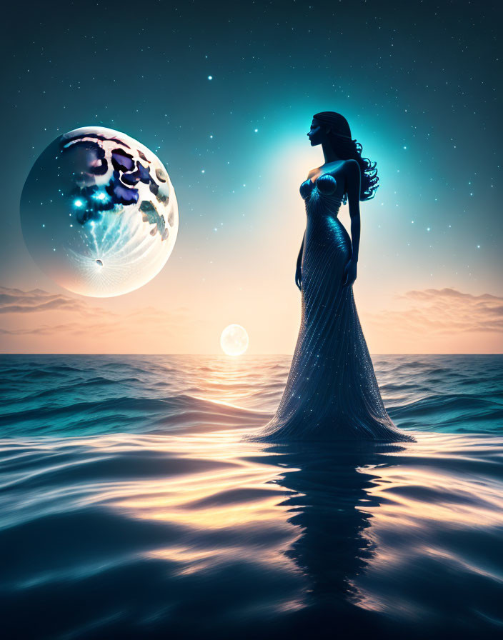 Pregnant woman in flowing dress by sea with surreal moon