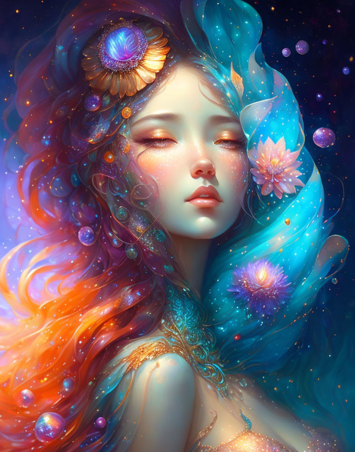 Fantasy illustration of a woman with colorful, flowing hair and celestial adornments