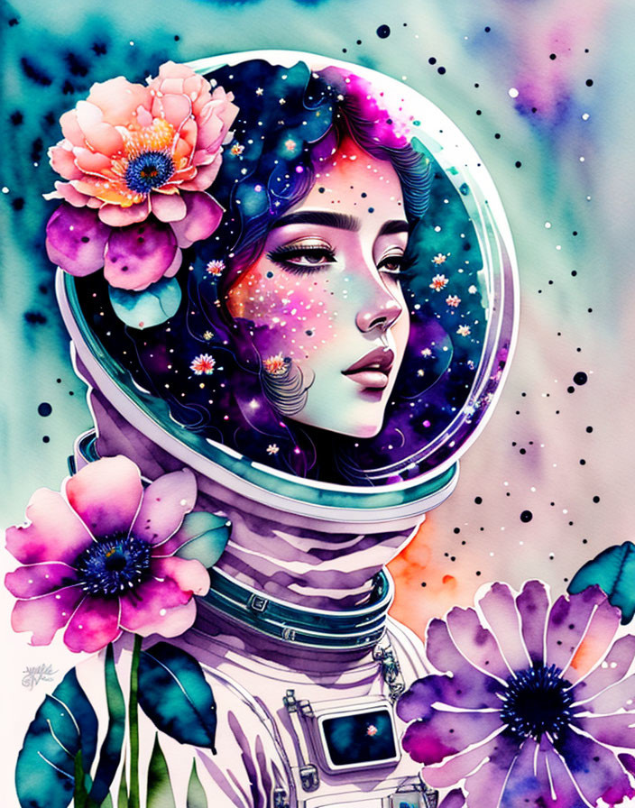 Vibrant cosmic woman with space helmet among flowers