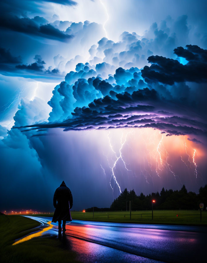 Person standing on wet road under dramatic night sky with lightning bolts