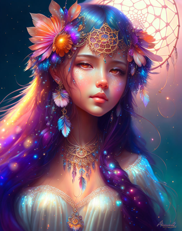 Colorful Fantasy Portrait of Woman with Vibrant Hair and Adornments