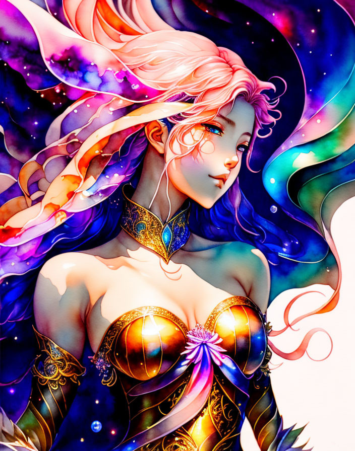 Vividly colored cosmic-themed female figure with pink hair and flowing garments