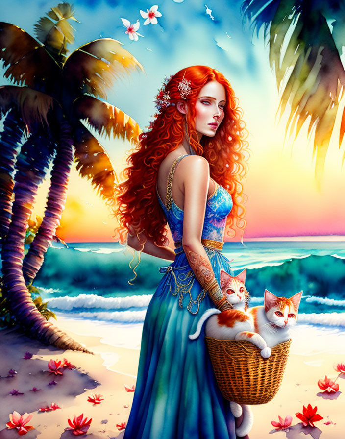 Red-haired woman in blue dress with cats on beach at sunset