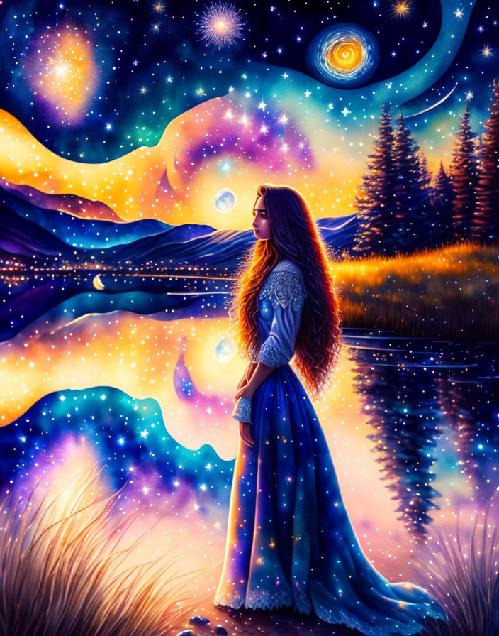 Woman in Blue Dress by Lake Under Starry Galaxy Sky