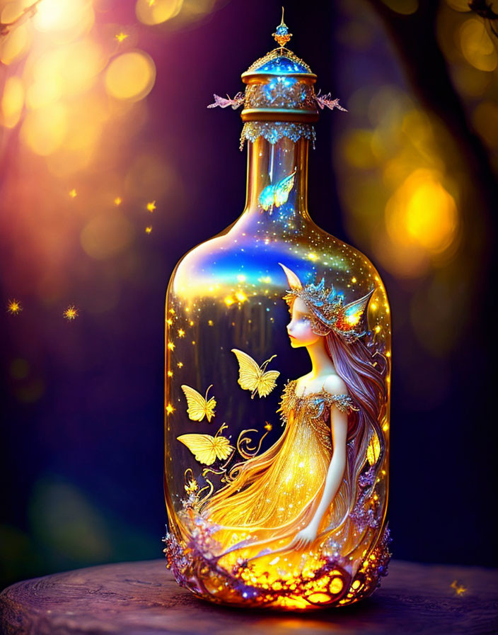 Golden Light Ornate Bottle with Fairy and Butterflies on Bokeh Background