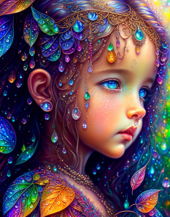 Vibrant fantasy illustration of young girl with blue eyes and glittering jewelry