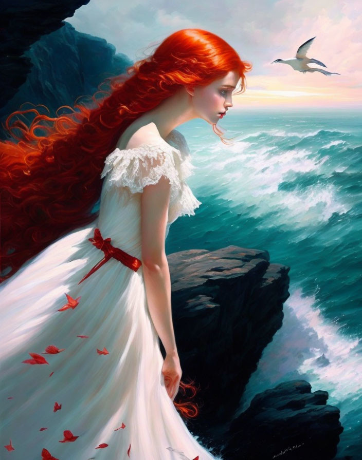 Red-haired woman in white dress on cliff by stormy sea with bird