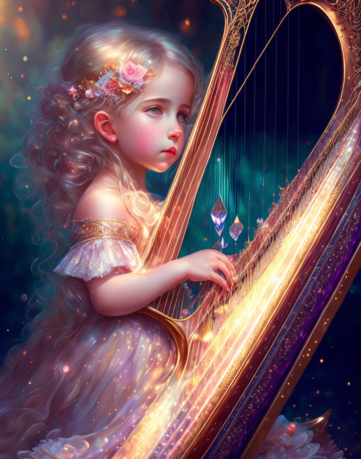 Curly-haired girl plays golden harp in mystical setting