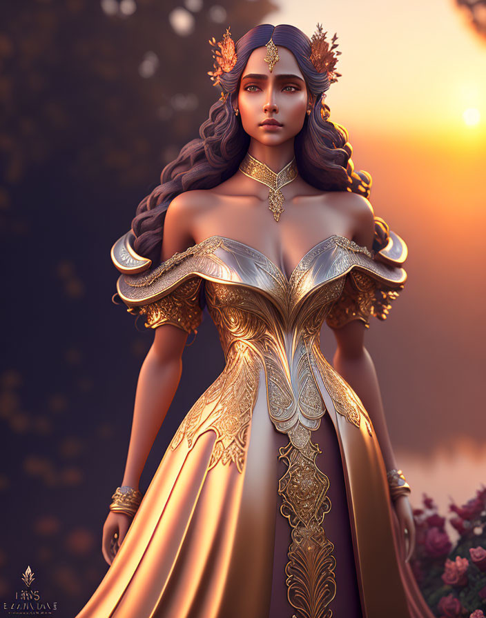 Elegant Woman in Gold-Trimmed Gown at Sunset