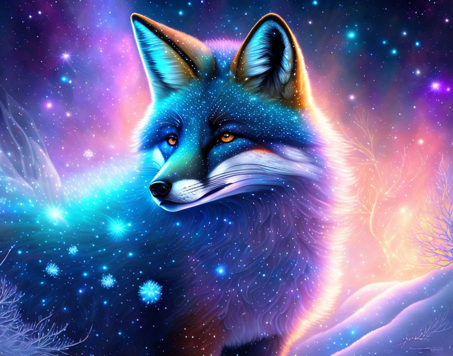 Cosmic-themed digital artwork of a fox in blues and purples