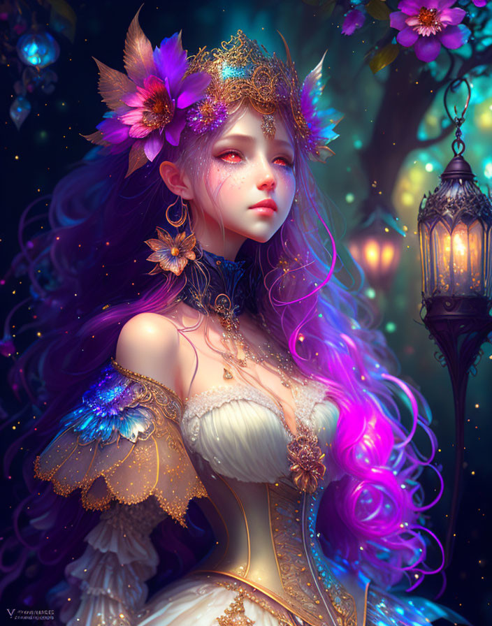 Fantasy illustration of woman with purple hair in regal attire and floral crown, surrounded by glowing lantern