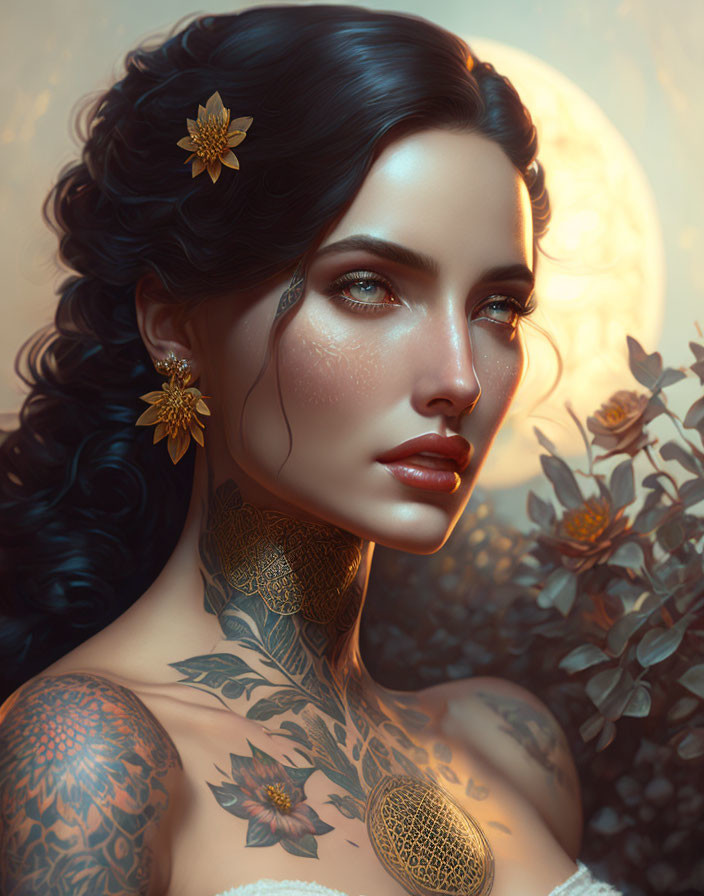 Mystical woman digital art with intricate tattoos and golden jewelry