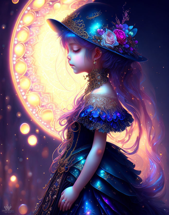 Young girl in blue dress with floral hat under moonlight.