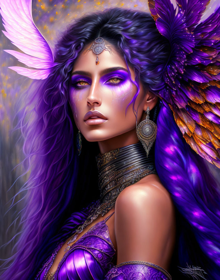 Fantasy illustration: woman with purple hair, butterfly wings, silver jewelry, violet eyes