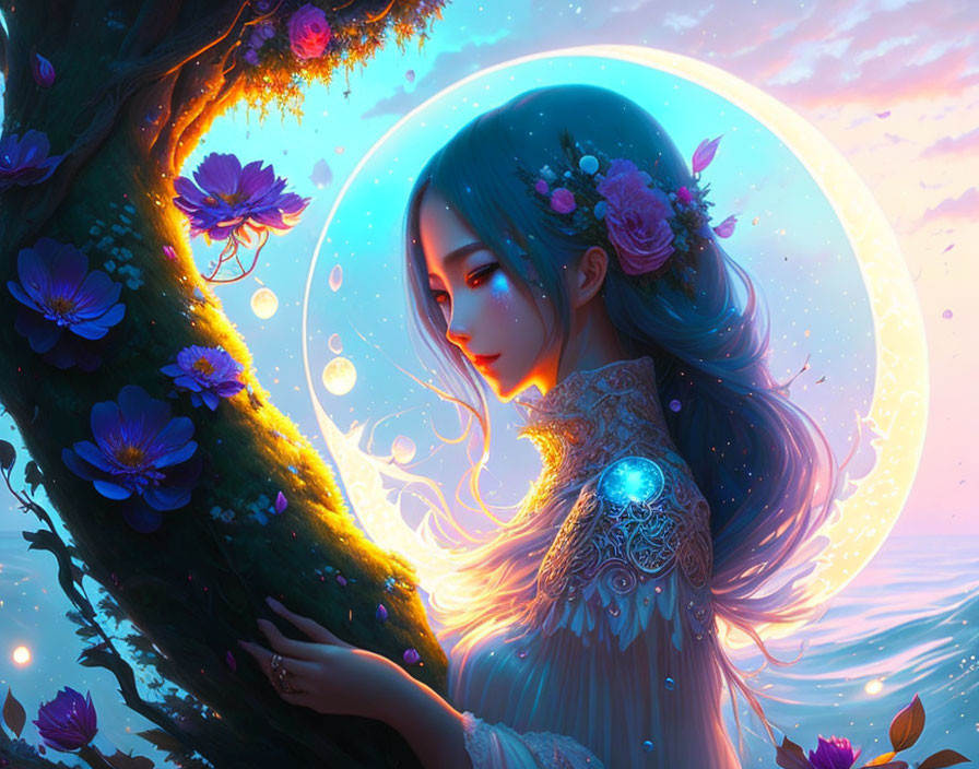 Fantastical illustration of woman with blue hair and glowing flowers next to a tree