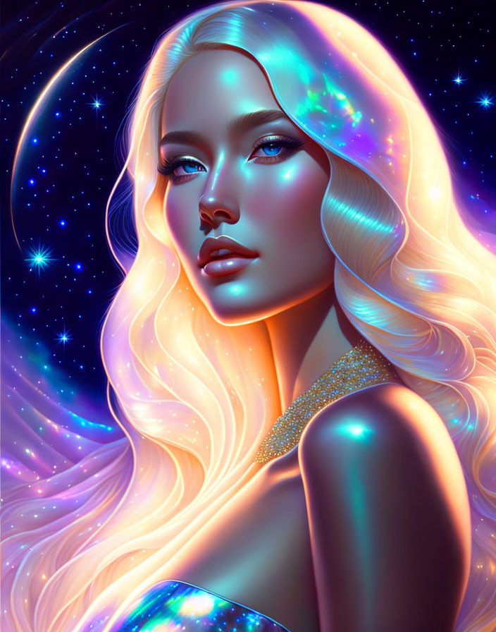 Digital artwork: Glowing woman with cosmic theme, stars, crescent moon in vibrant background