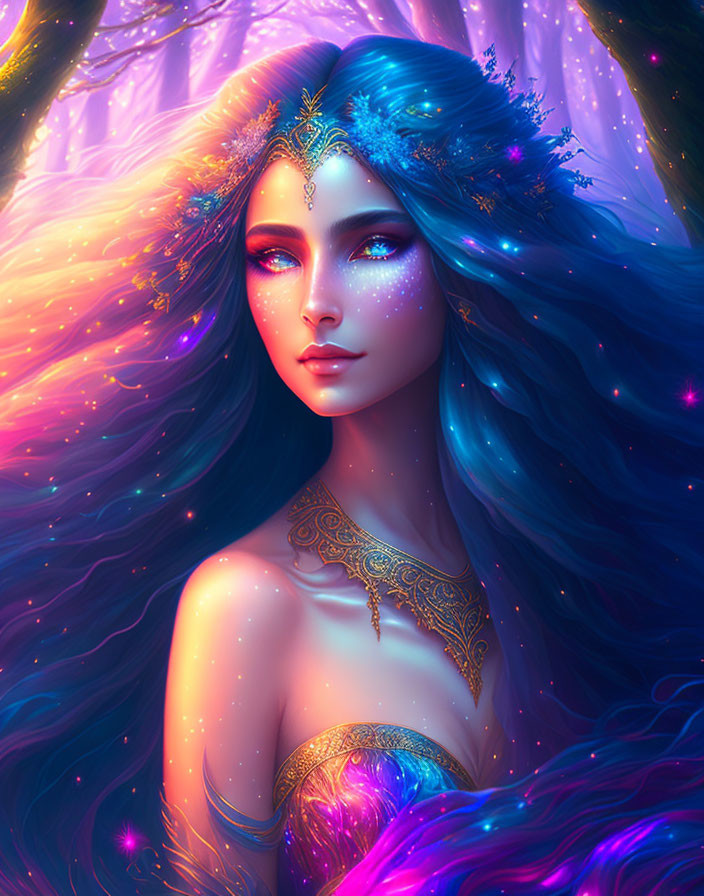 Ethereal animated female with blue hair in mystical forest