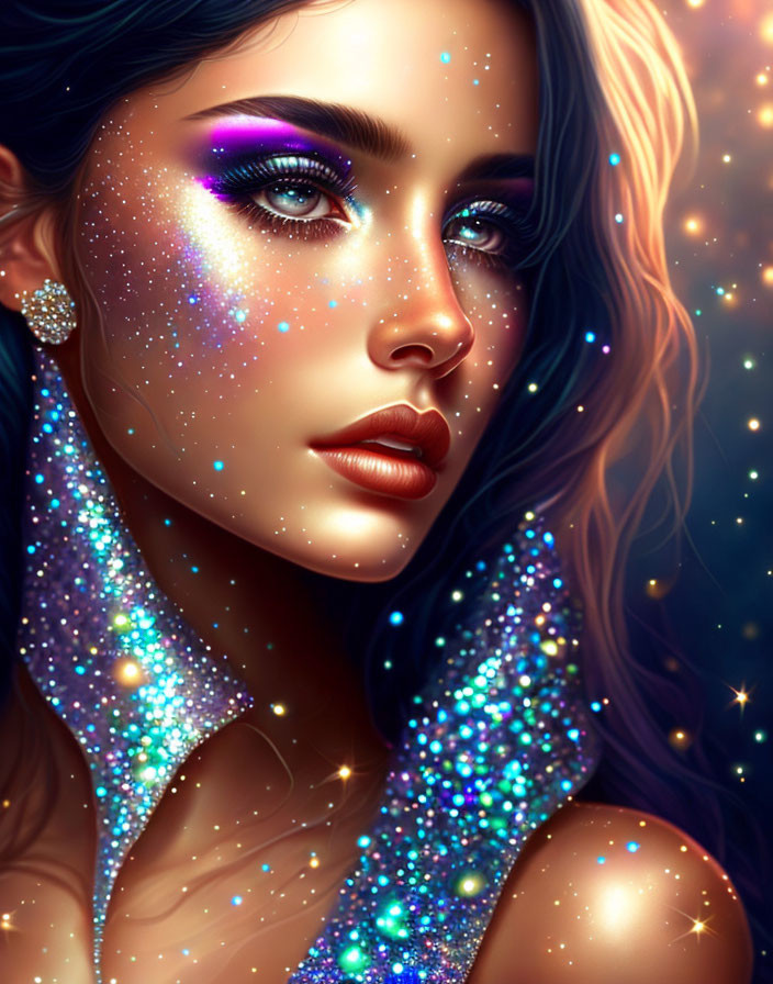 Vibrant galaxy-themed makeup on a woman in digital art