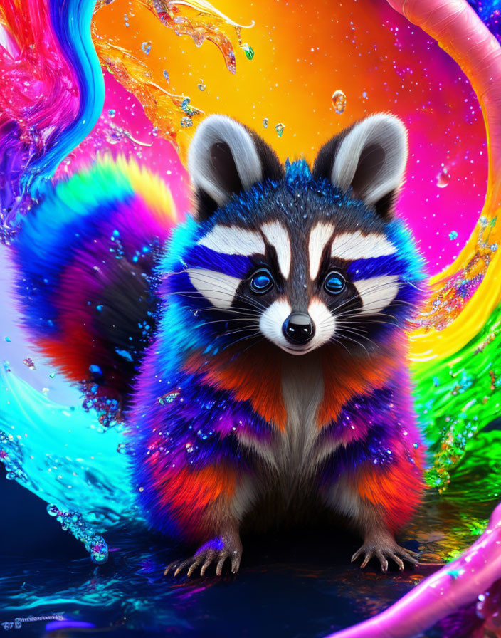 Colorful Fantastical Raccoon Artwork with Swirling Bright Background