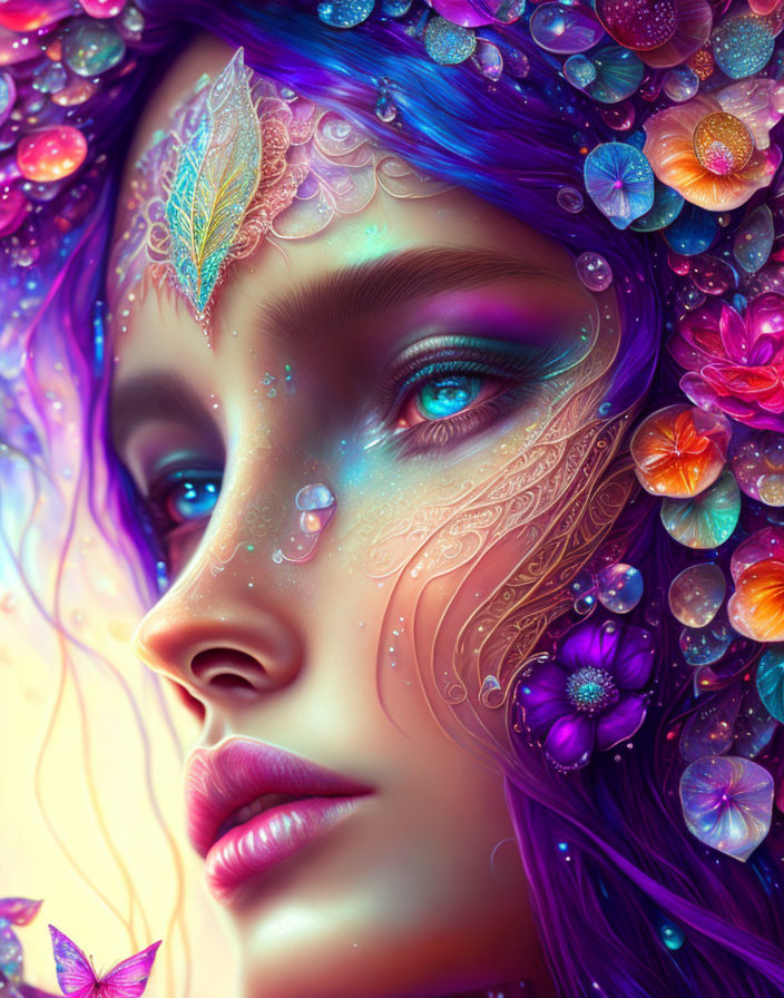 Colorful artwork of a woman with blue skin and intricate floral details