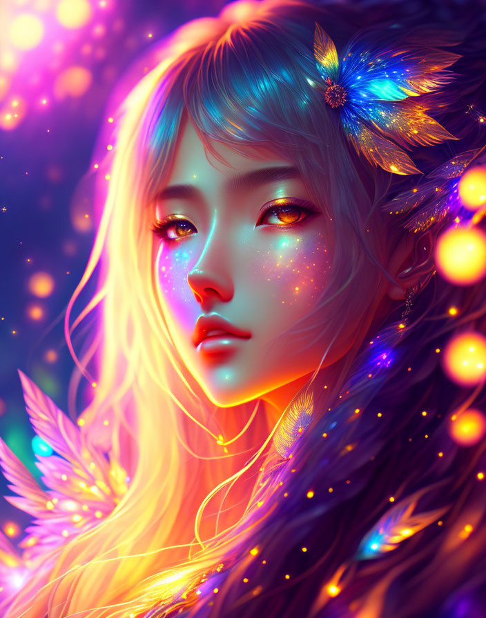 Vibrant digital artwork: Woman with glowing eyes amid colorful flowers and feathers