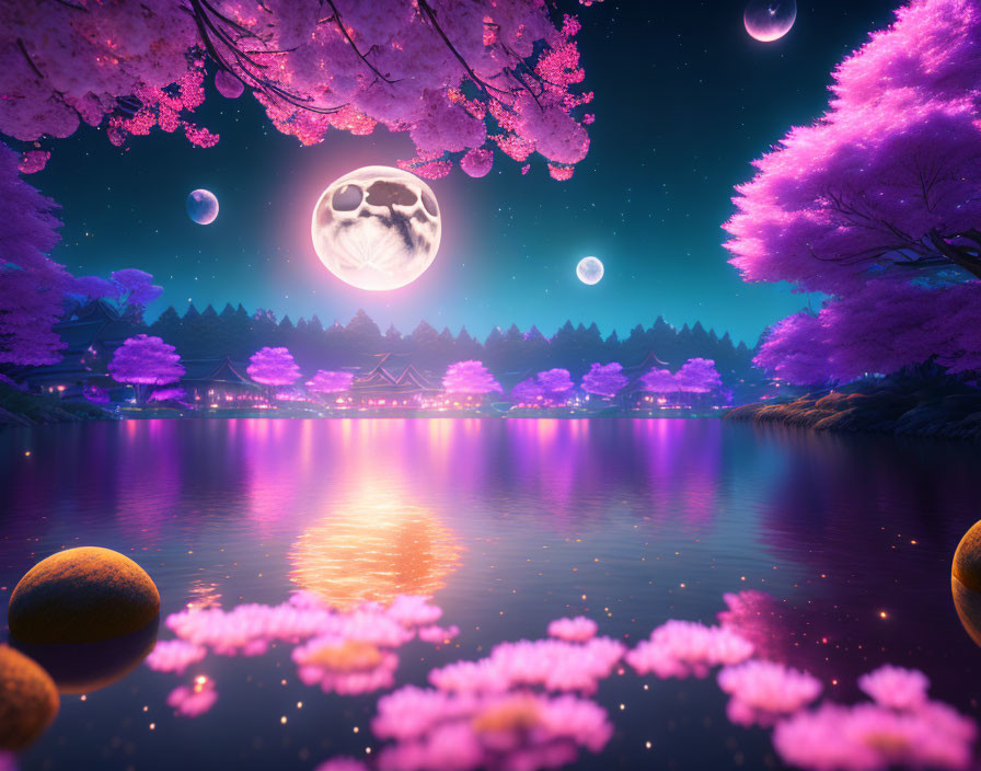 Surreal landscape with pink cherry blossoms, moon with cat-like face, planets, and purple