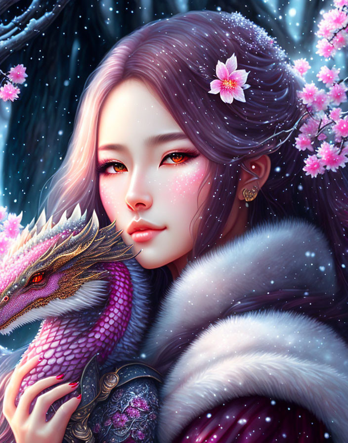 Digital illustration: Woman with purple hair, pink dragon, blossoming tree, falling snow