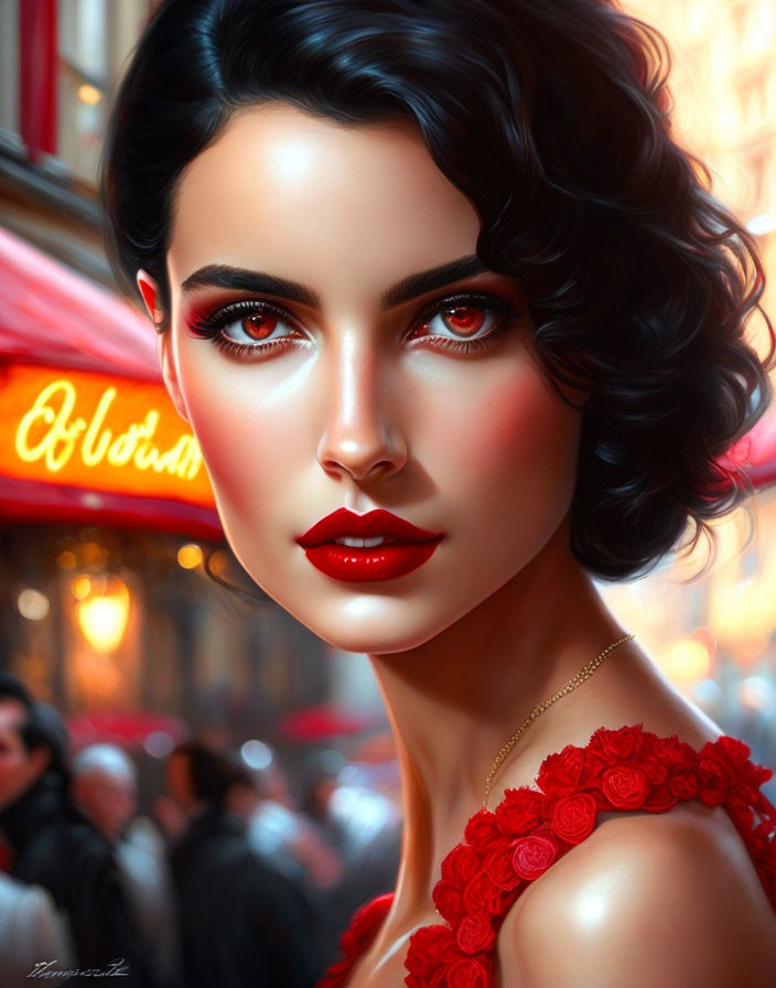 Digital Artwork: Woman with Red Lipstick and Floral Dress in Busy Street