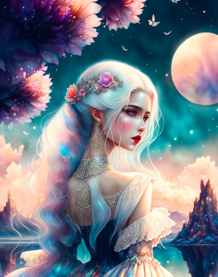 Multicolored hair woman under starry sky with moon and mystical landscapes