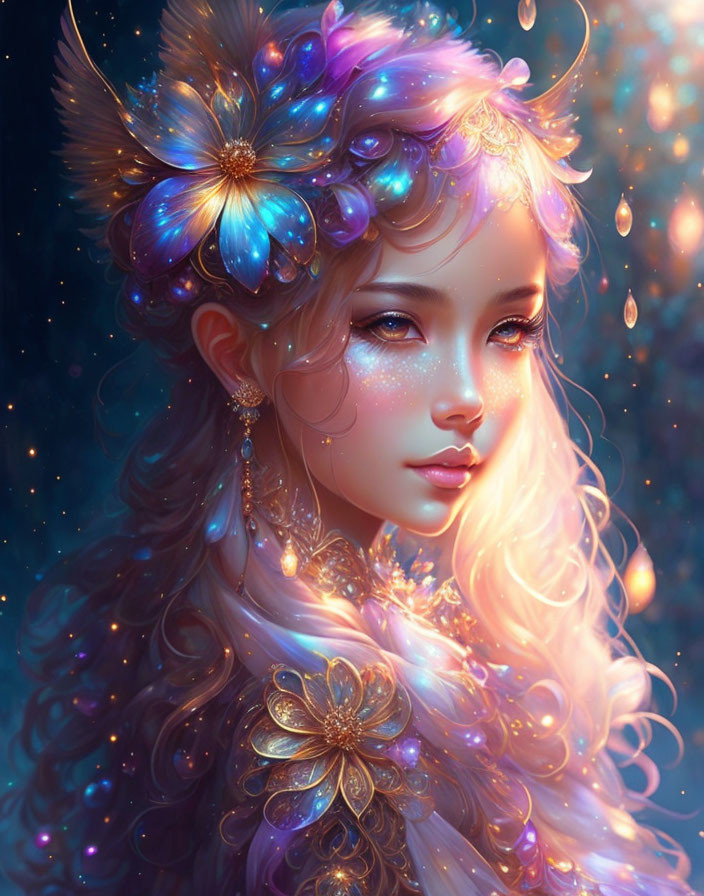 Fantastical female figure with iridescent hair and luminous flowers.